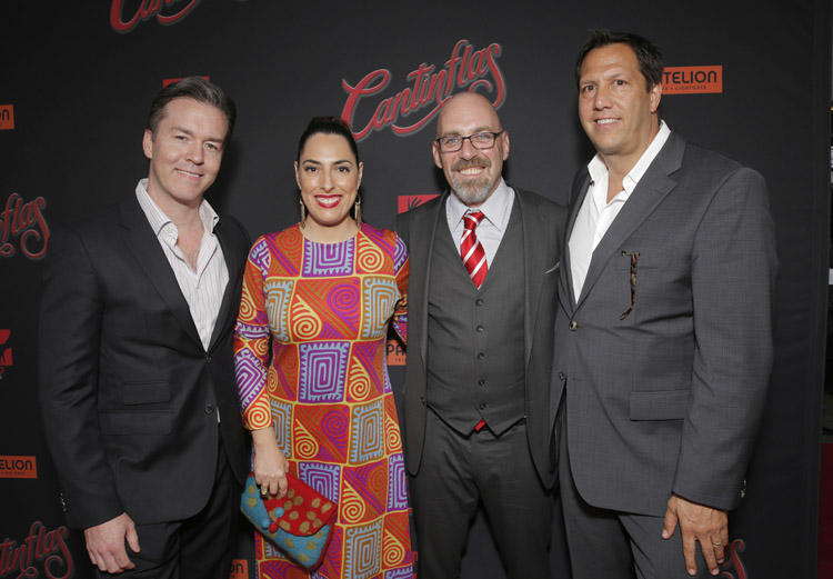 Pantelion Films' COO Edward Allen and  Pantelion Films CEO Paul Presburger (right), with director Sebastian Del Amo and wife (center) attend the premiere of Pantelion Film's 'Cantinflas' at TCL Chinese Theatre on Wednesday, August 27, 2014 in Los Angeles. (Photo by Todd Williamson/Invision for Pantelion Films/AP Images)